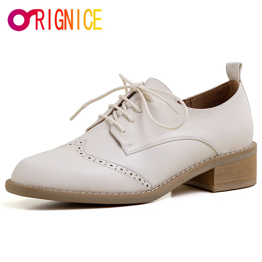 

Orignice England Style Carving Genuine Leather Casual Pumps Round Toe Square Low Heels Lace Up Autumn Handmade Women Shoes