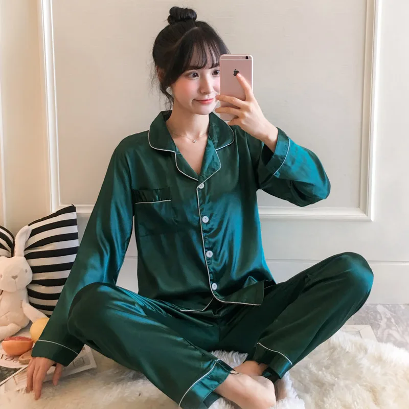 New Home Clothes for Girl Solid Long Pyjamas Turn-down Collar Women Sleepwear Plus Size Lingerie Femme Silk Pajamas Set 4XL 5XL
