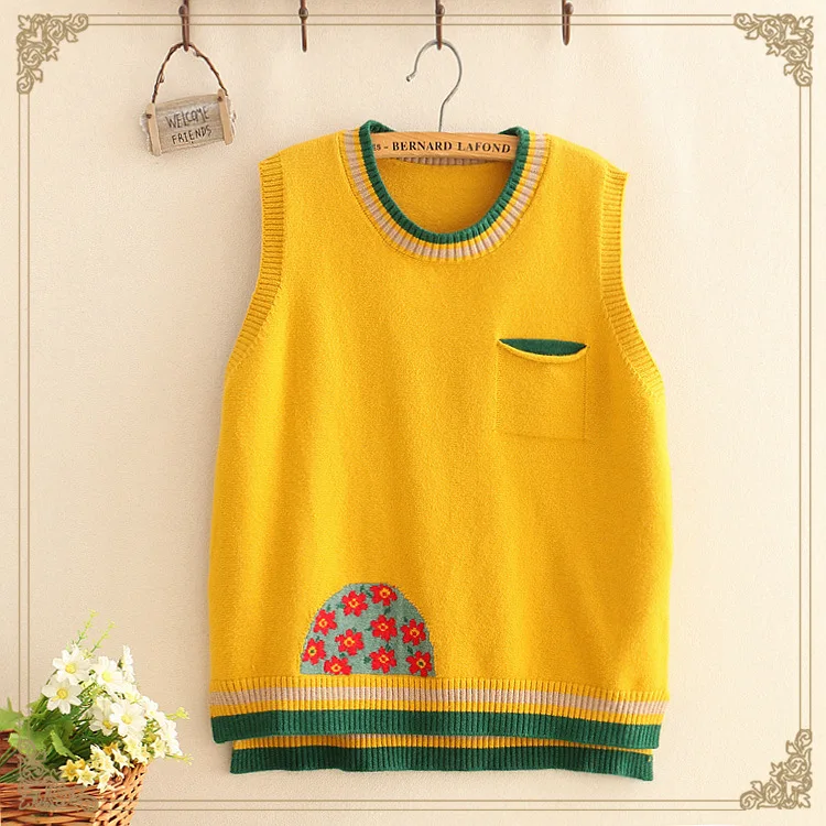 Autumn sweater Sen female loose short Slim wild vest round neck color matching bottoming top |