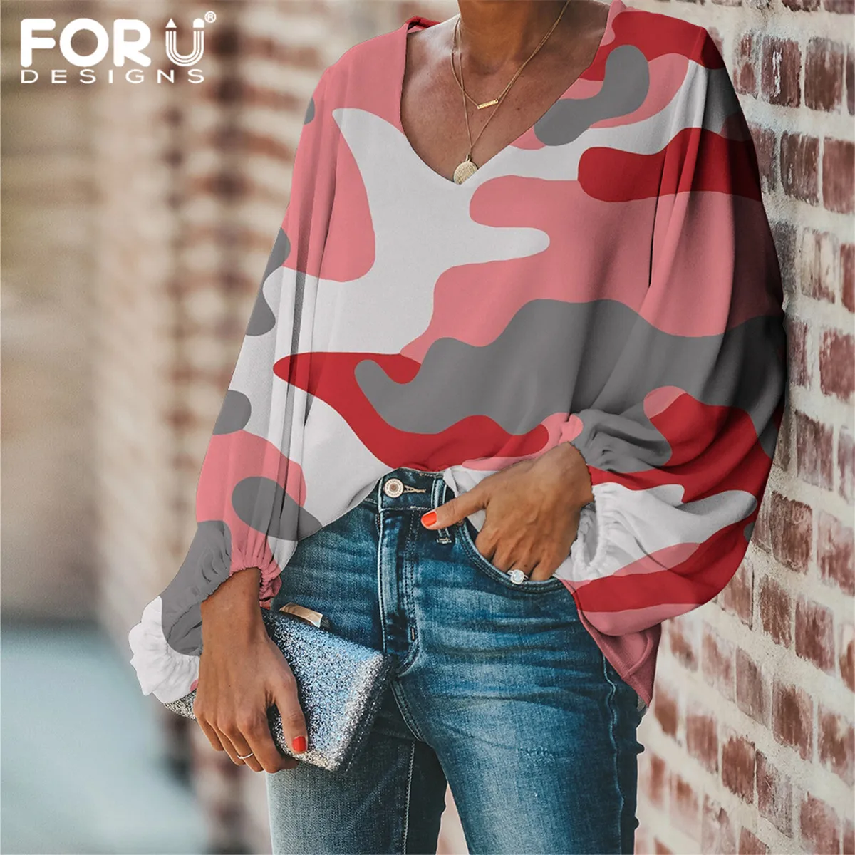 Женская камуфляжная блузка с длинным рукавом большого размера | одежда