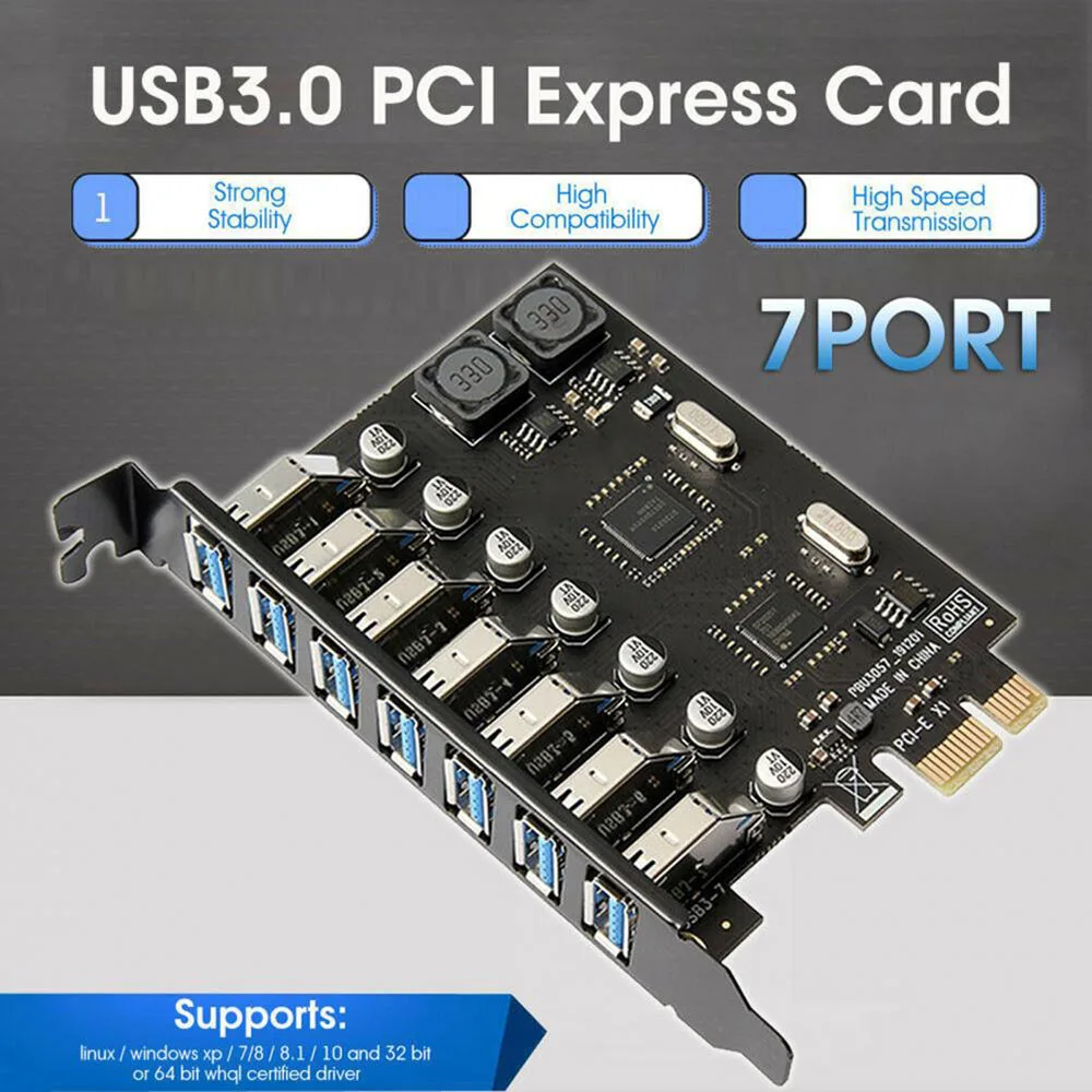 

PCI Express на 7 портов, USB 3,0, металлическая плата-адаптер для ПК PCIE, плата расширения для майнинга, внутренний конвертер, удлинитель, аксессуары