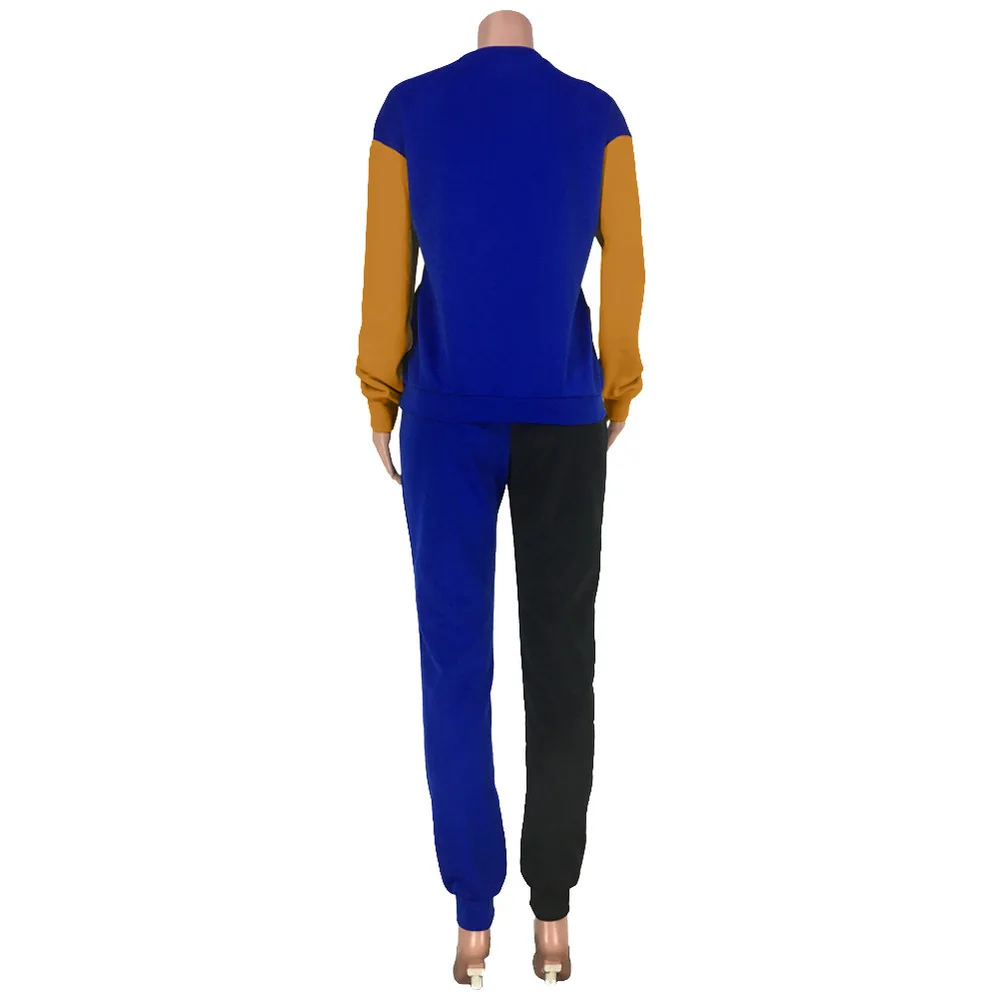 

Color Blocking Patchwork Two Piece Sets Women 2021 Autumn Casual O-neck Long Sleeve Pullover Top and High Waist Pant Streetwear