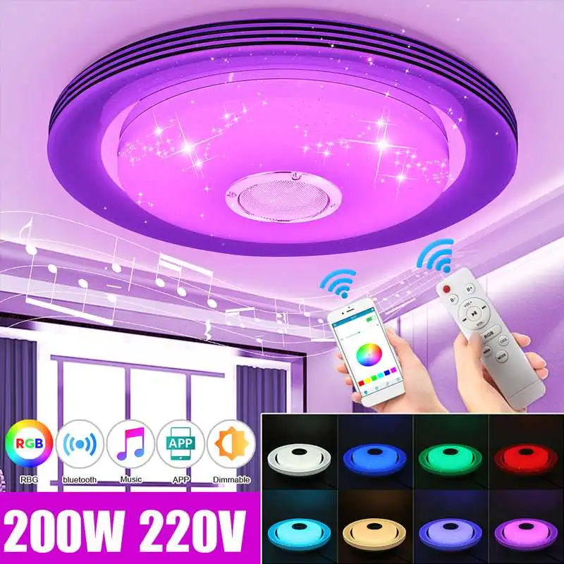 Lámpara de techo Led con música, iluminación redonda para el hogar, Altavoz bluetooth, Control remoto, 200W, RGB