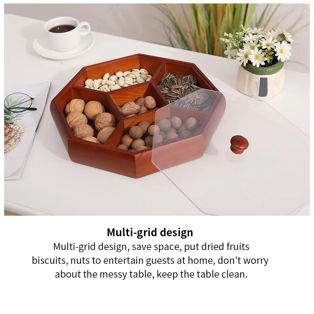 

Octagon 5 Compartments Large Capacity Living Room Wooden Dried Fruit Box Home With Lid Sectional Tray Snack Storage Container