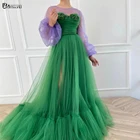 Изумрудно-зеленые мусульманские Вечерние наряды платья из прозрачного тюля с длинным рукавом трапециевидного силуэта украшенные цветами вечерние платья для выпускного вечера 2021