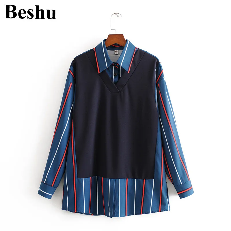 Za 2020 модная женская блуза в синюю полоску с отворотом имитация двух частей Свободная Повседневная блузка