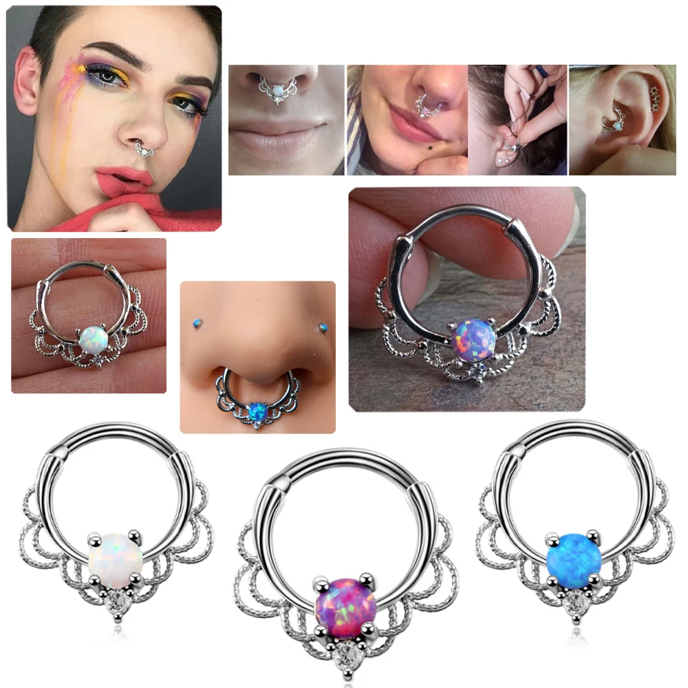 

1PC Steel Opal Ear Helix Clicker Nose Hoop Septum Rings CZ Cartilage Daith Rook Earring Tragus Piercings Jewelry 16G