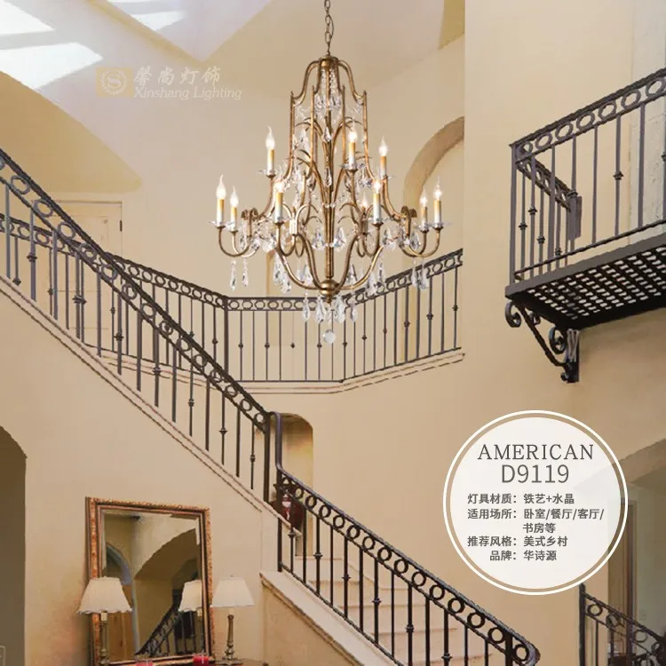 

American country crystal chandelier duplex building living room dining room wrought iron French candle bedroom lamp