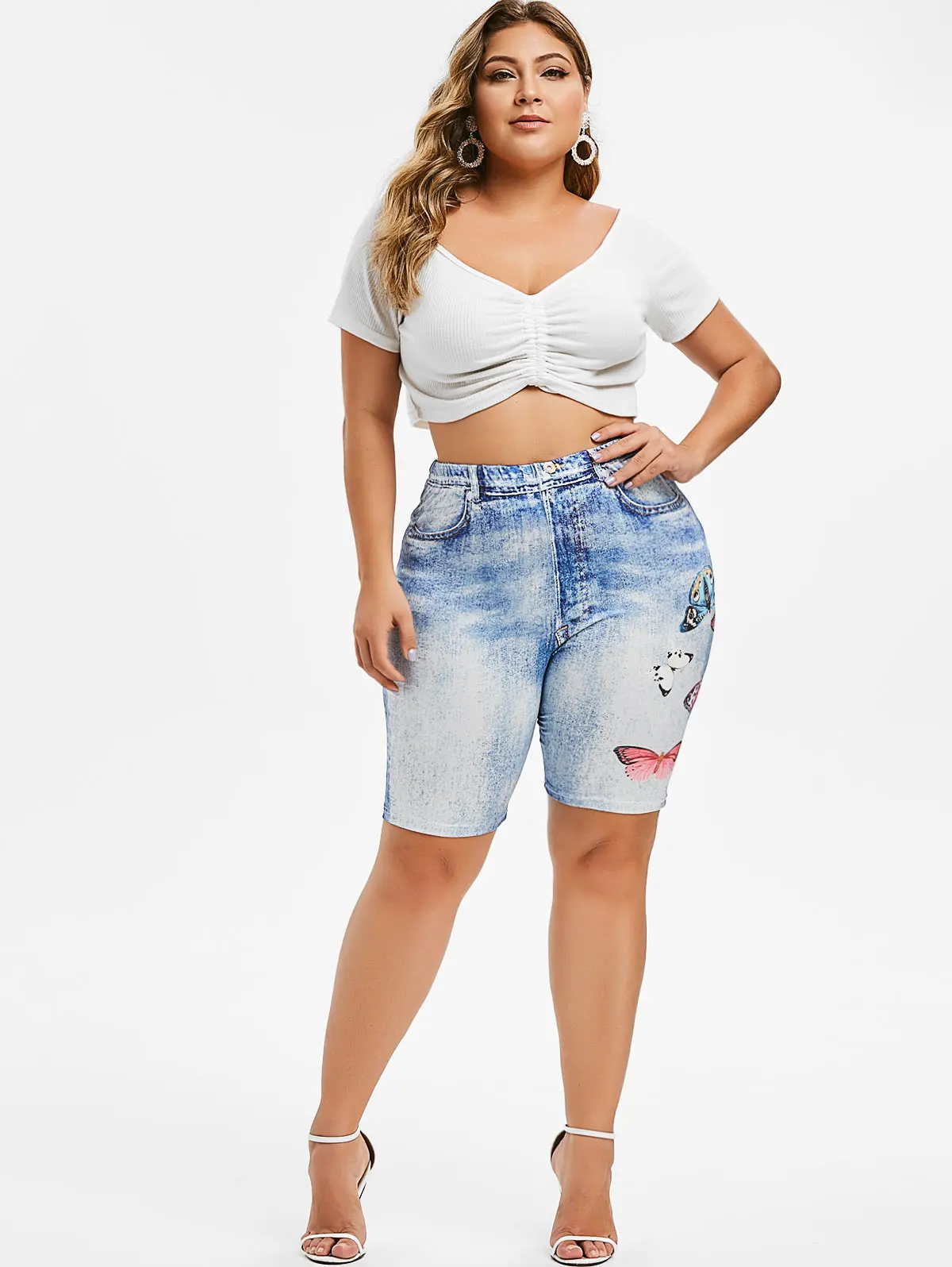 

Women Summer High Waist Denim Shorts 3D Print Butterfly Jeans Plus Size Women Shorts Femme Push Up Skinny Denim Shorts