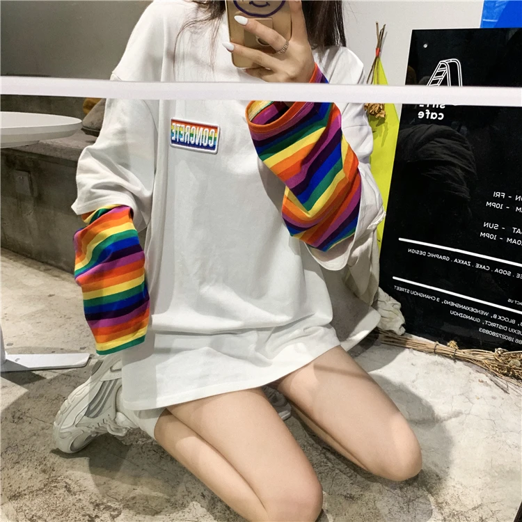 Harajuku футболка женская осенняя одежда корейский стиль полосатый лоскутный рукав футболки женские повседневные футболки Топ