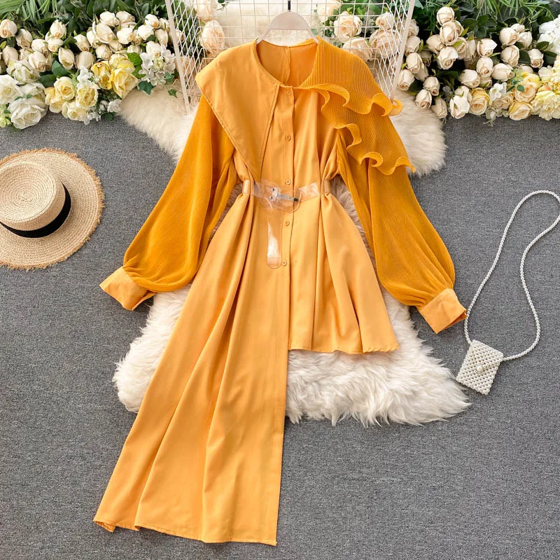 

INS Stylish Women's Shirt 2021 Spring Irregular Shirt Belted Wave Ruffled Blouse Women Solid Color Patchwork Chiffon Long Tops