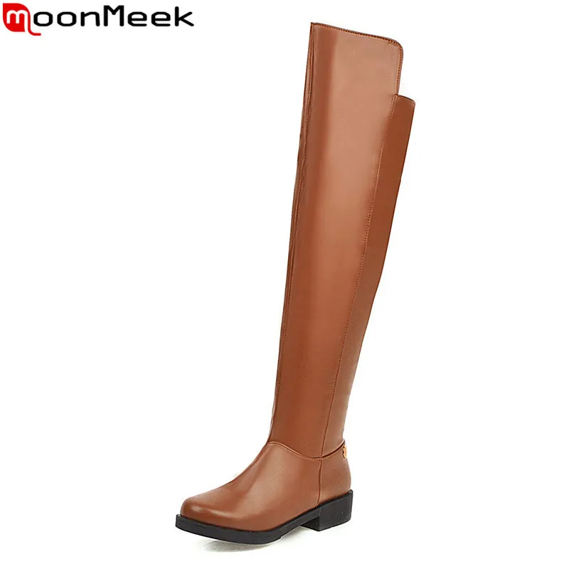 MoonMeek Big size 34-44 pu leather over the knee boots low heel round toe zipper women boots black brown winter women boots