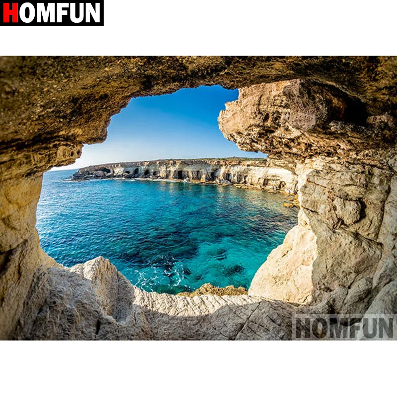 Алмазная 5D Вышивка HOMFUN пещера морской пейзаж полноразмерная круглая/квадратная