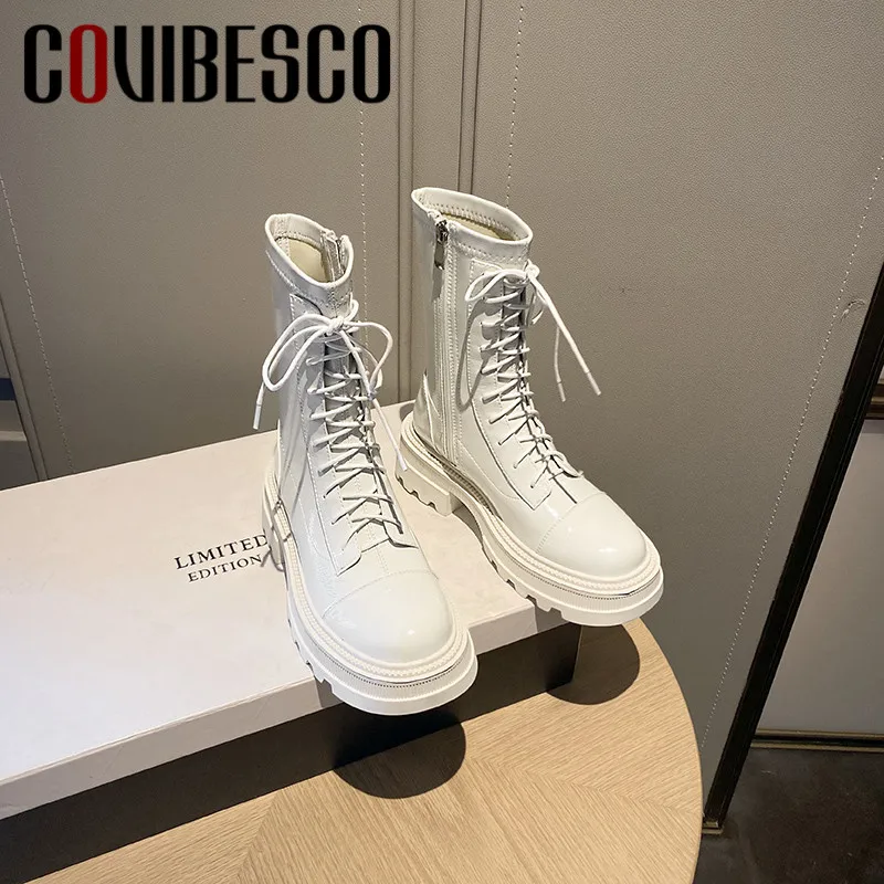 

COVIBESCO 2021 Woman Knight Boots Spring Summer Genuine Patent Leather Basic Shoes New Arrival Consice Women