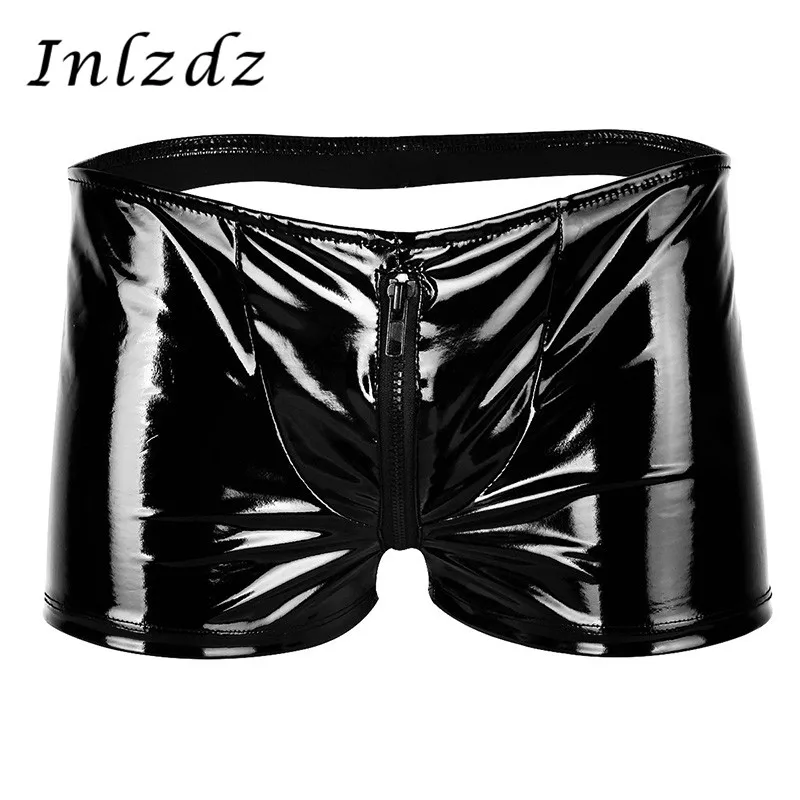 Mens Lingerie Gay Underwear Shiny Metallic Patent Leather Zipper Sexy Underpants Bulge Pouch Open Butt Boxer Briefs Panties |