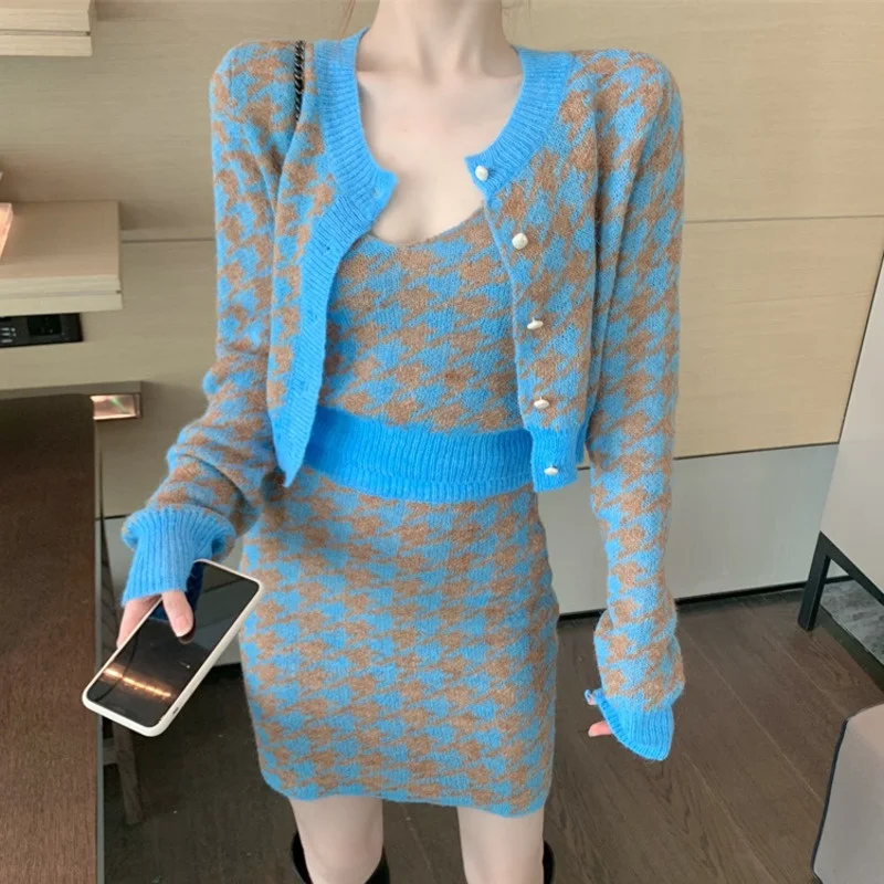 

Korean Sweet Knit Plaid Cardigans + Camisole + Skirts 3pcs Sets Girls Short Sweater Coat + Vest + Mini Skirt Suits Women Outfits