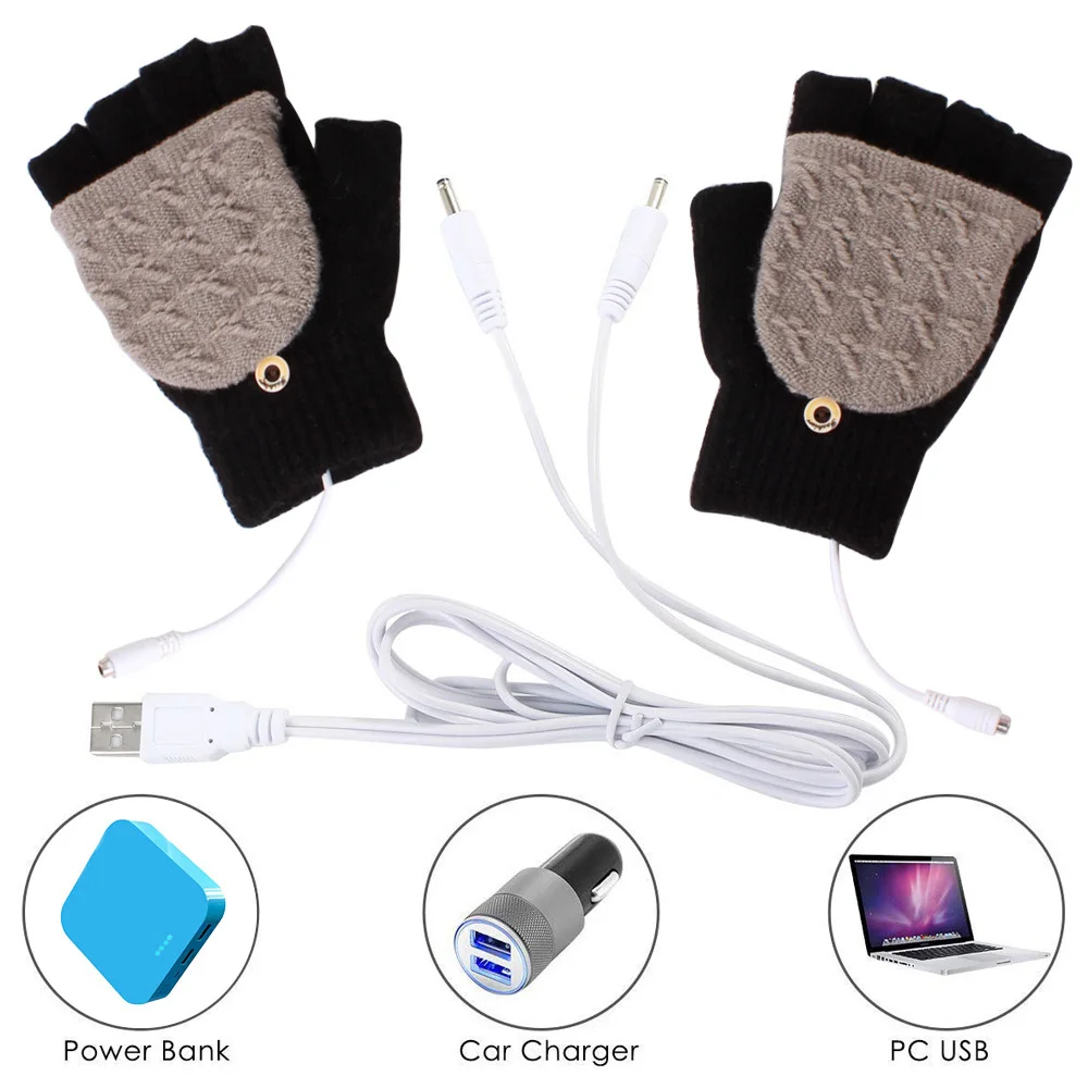 Usb elétrico luvas aquecidas inverno térmico meia-dedo