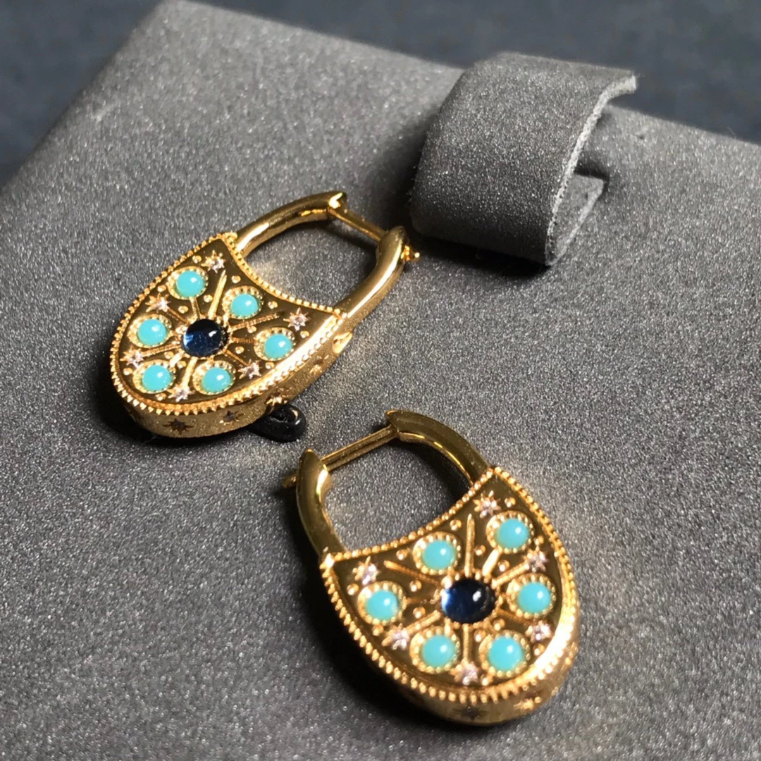 

UMGODLY Fashion Earrings Yellow Gold Color Roma Blue Gem Stones Lock Hoop Earrings July New Women Girl Party Brand Jewelry Gift