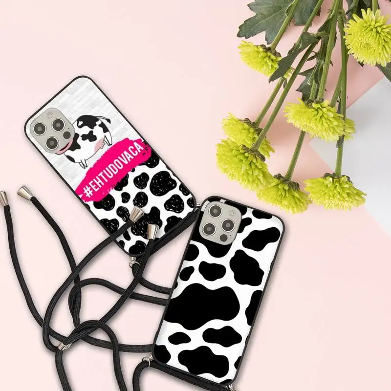 

Cow Print Black White Phone Case For iPhone 7 8 11 12 X XS XR MINI Pro Max Plus Strap Cord Chain Lanyard soft