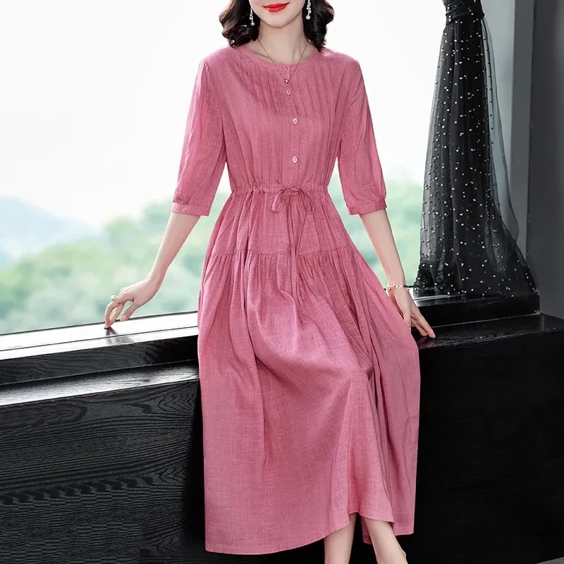 

Casual Pleated Cotton Linen Dress Women Summer Vintage Half Sleeve Mid-Length Dress Female Fashion Adjustable Waist A-Line Dress