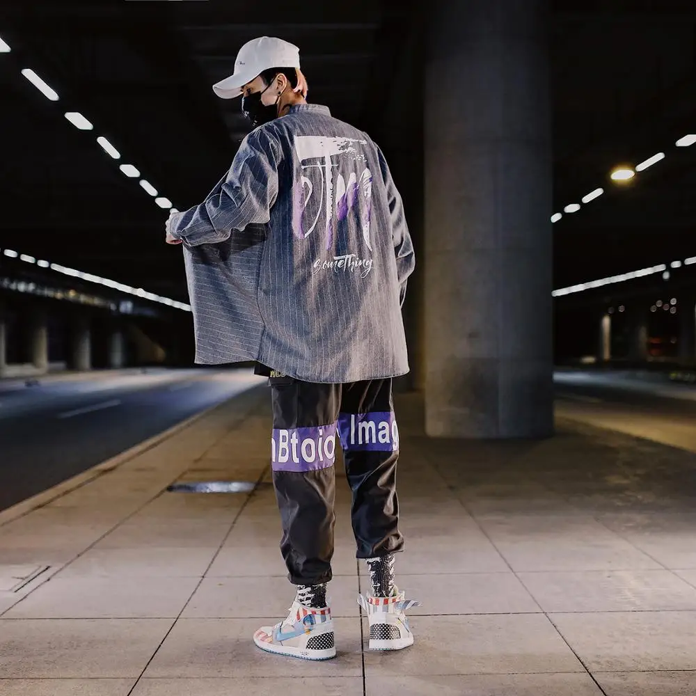 

Conventional Size Casual Hip Hop Long Sleeve Men Shirt Fashion Striped Male Social Dress Shirt Letters Printed Pocket Outwear