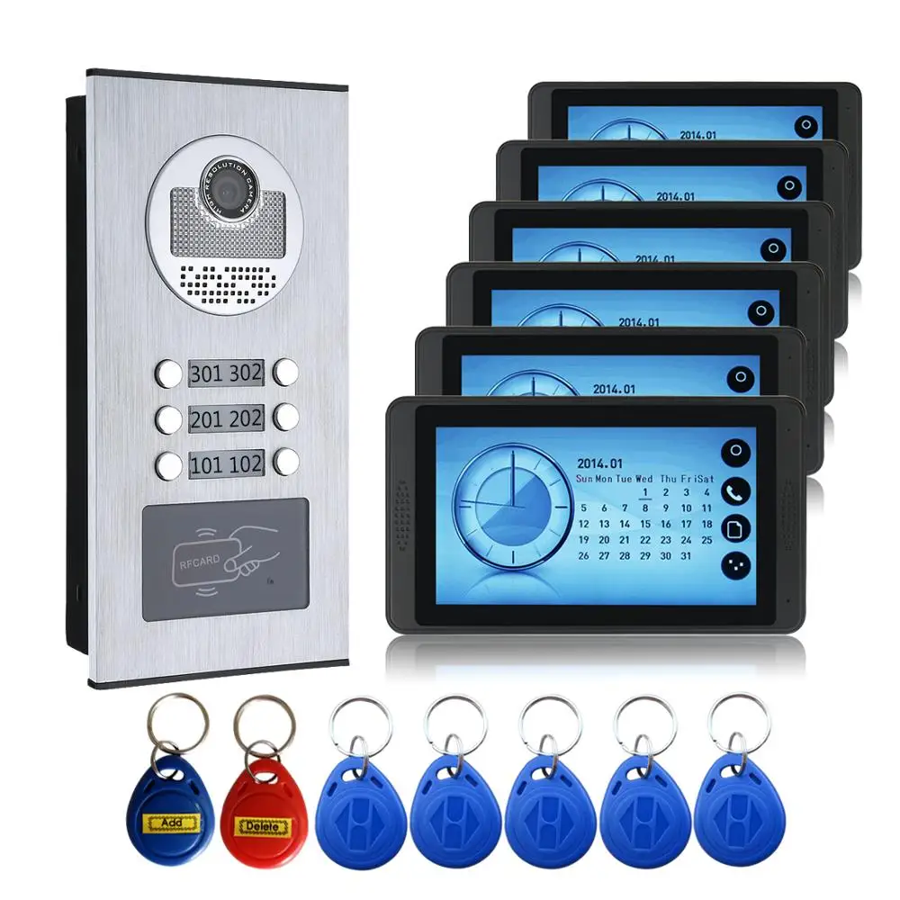 Видеодомофон для квартиры/семьи 6 кнопок вызова камера с мониторами RFID