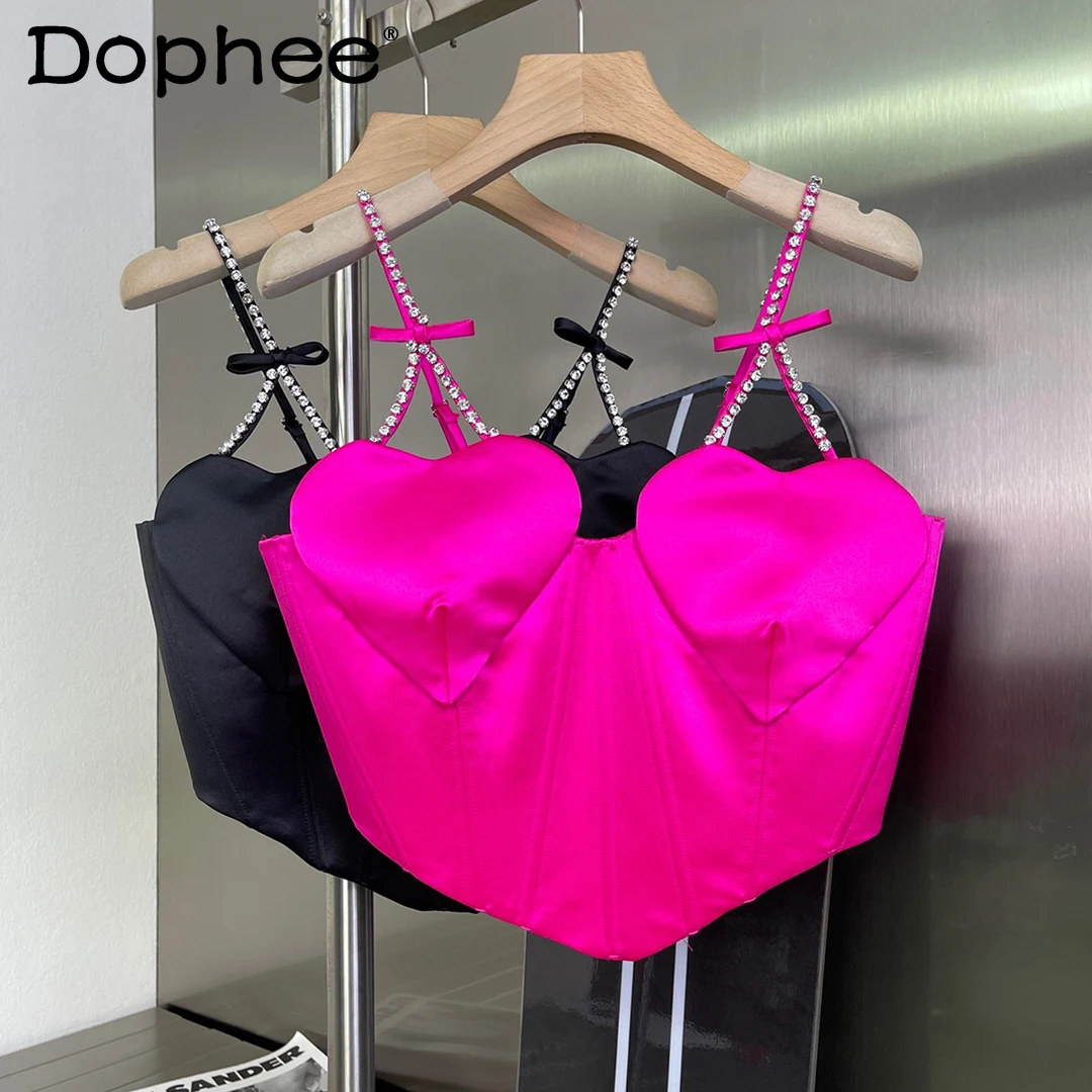 

2021 Autumn Fashion Vest Skirt Outfit Women Hearts Rhinestone Sexy Vest Tube Top Camisole+Bow Diamond Mini Skirt Two-Piece Sets