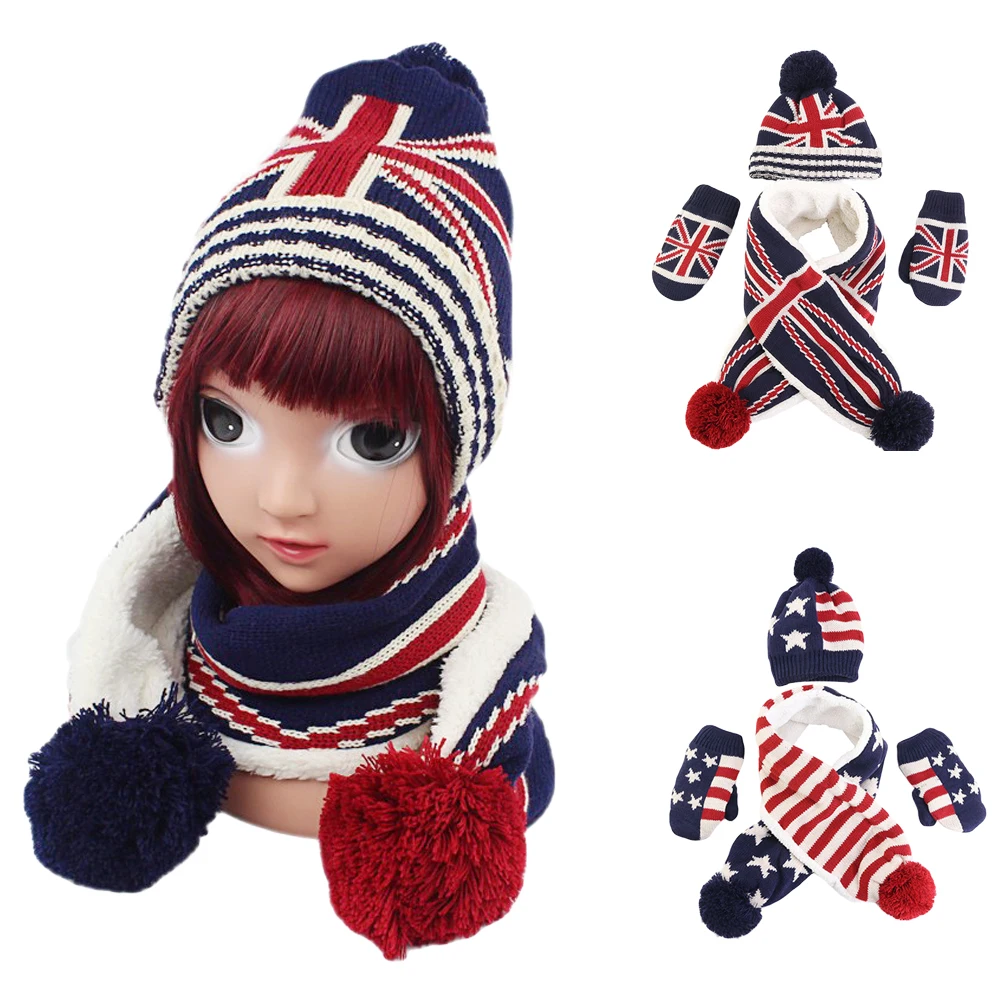 

Winter Warm Children Baby Kids Knitted Beanies Flag Cap Scarf Gloves Set Fashion Boys Girls Outdoors Warm Ski Pompon Cap 1-6 Y