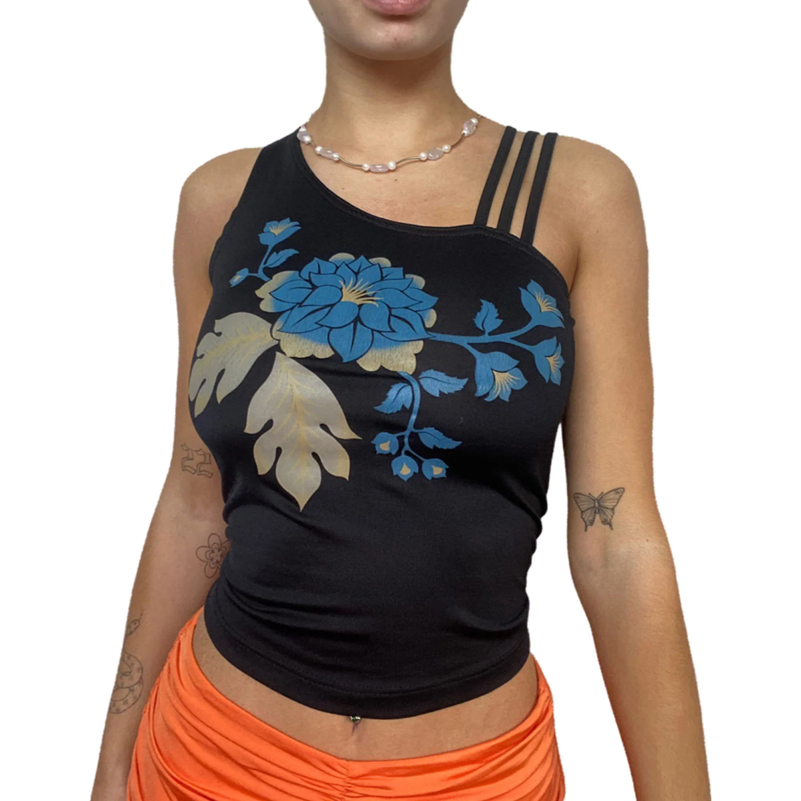 

Ladies Summer Sexy Midriff-baring Top, Girls Fashionable Floral Printing Sloping Shoulder Sleeveless T-shirt Slim Base Shirt