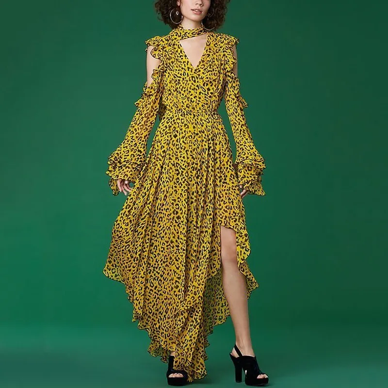 

Backless Ruffles Dress For Women Off Shoulder Flare Sleeve Asymmetric Hem Vintage Clothes Leopard Female Dresses