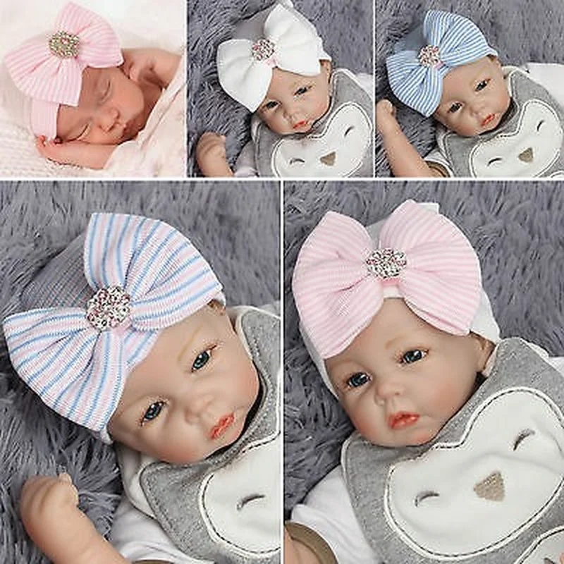 

Baby Girl Boy Striped Bow Cap Infant Headband Hospital Newborn Comfy Beanie Hat