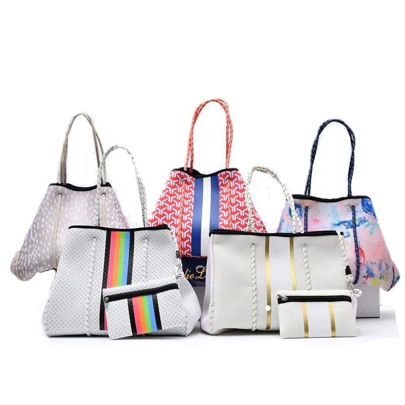 

Stripe Design Neoprene Fashion Beach Handbag Neoprene Women Tote Handbags Travel Large Wide Base Neoprene Bag Beach