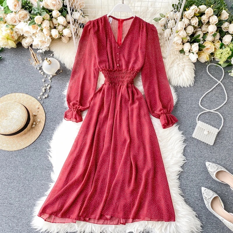 Платье женское шифоновое в горошек с длинным рукавом ТРАПЕЦИЕВИДНОЕ весна