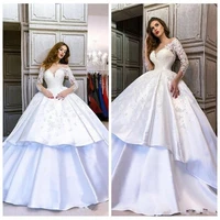 elagnt ball gown wedding dresses off shoulder lace applique long sleeves tiered beaded crystals bridal gowns vestido de noiva