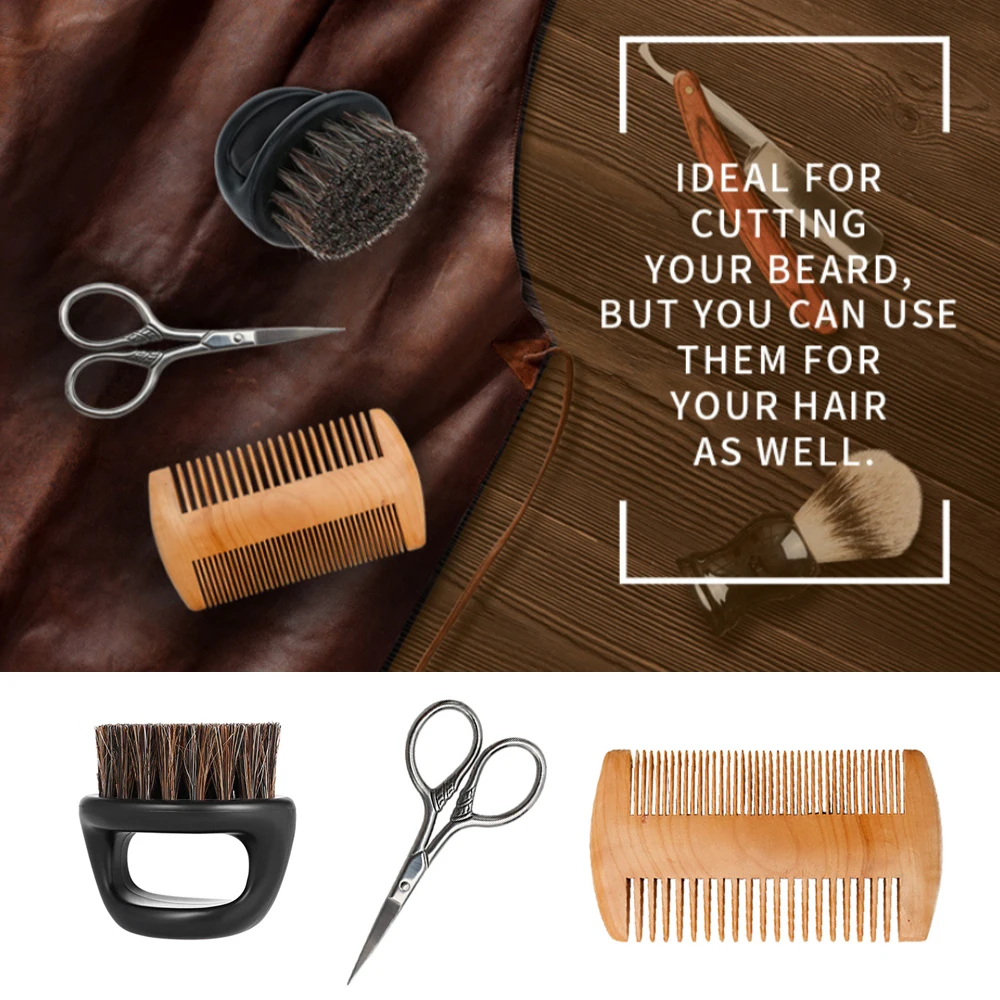 

High Quality Soft Boar Bristle Wood Beard Brush Hairdresser Shaving Tool Men Mustache Comb Kit With Gift Bag Beard Hair Comb Set