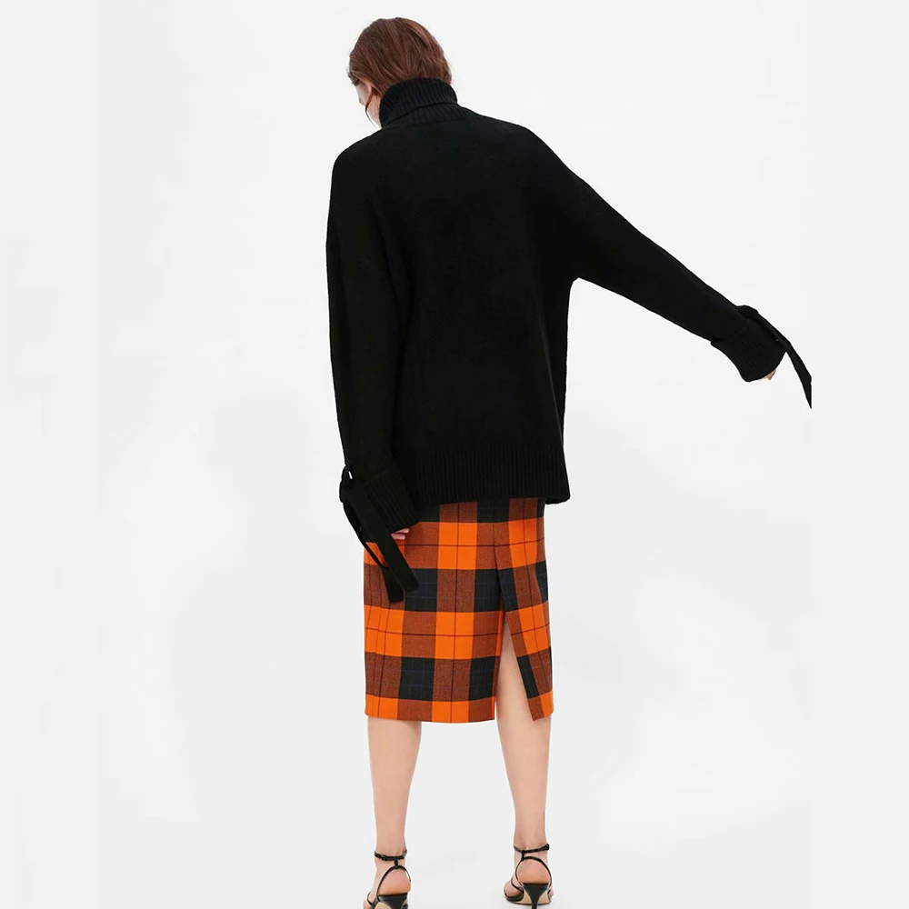 Женский Теплый вязаный свитер ZA мягкий с высоким воротником и бантом Осень-зима