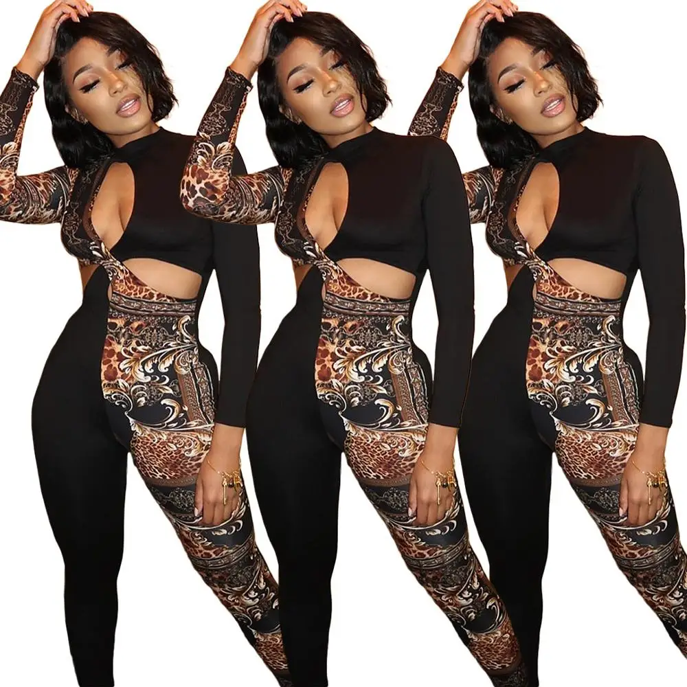 

Hollow Out Leopard Spliced Skinny Rompers Autumn Women Waist Band Cut Out Long Sleeve Jumpsuit Streetwear Slim One Piece Overall