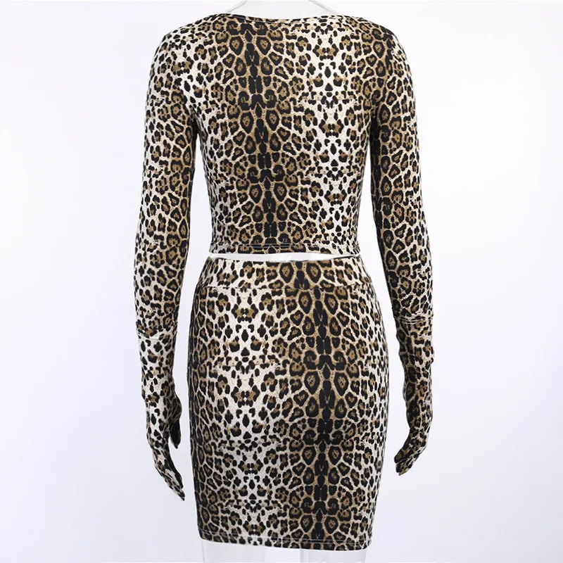 Hugcitar leopard print long sleeve with gloves sexy crop top skirt 2 pieces set autumn winter women streetwear outfits