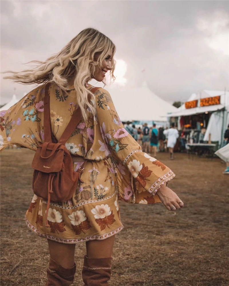 Boho королев для женщин с цветочным принтом и поясом рукавом летучая мышь пляжные