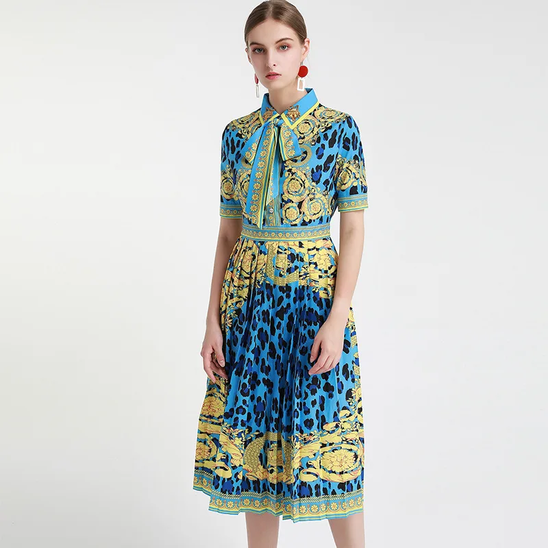 

Summer New Lapel Short Sleeve Vintage Leopard Print Printed Lace up Slim Fit Slimming Pleated Swing Dress