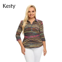 kesty womens plus size shirt polyester spring stripes with buttons 34 sleeves with elastic lapel womens casual tops
