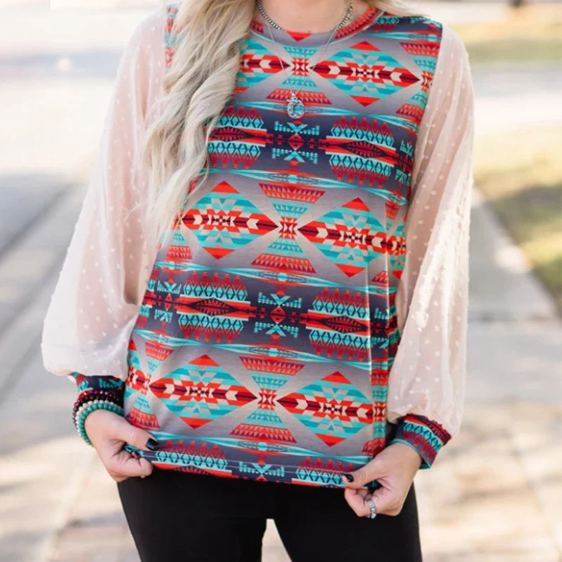 Casual Loose Office Lady Stitching Pullover Top New Mesh Long Sleeve Women Tops Fashion Summer Slim Fit Printed Bottoming Shirts | Женская