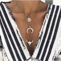 docona vintage silver color eye moon bull head multi layer necklace for women geometric layered necklace collares c18107
