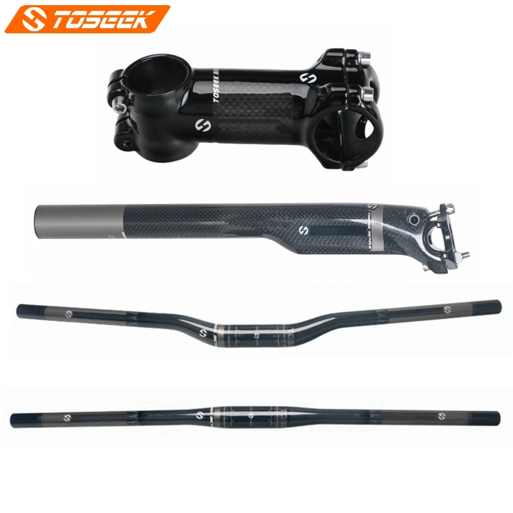 

TOSEEK Glossy Carbon Fiber Bicycle Handlebar + Stem + Seatpost Bike MTB Road Cycling Mountain Bars Sets Parts