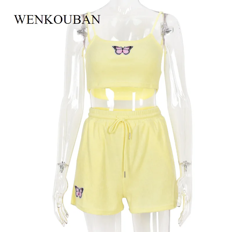 

Velvet Crop Top and Shorts Sets Women 2 Pieces Set Summer Embroidery Cami Drawstring Shorts Female Loungewear Suit 2021