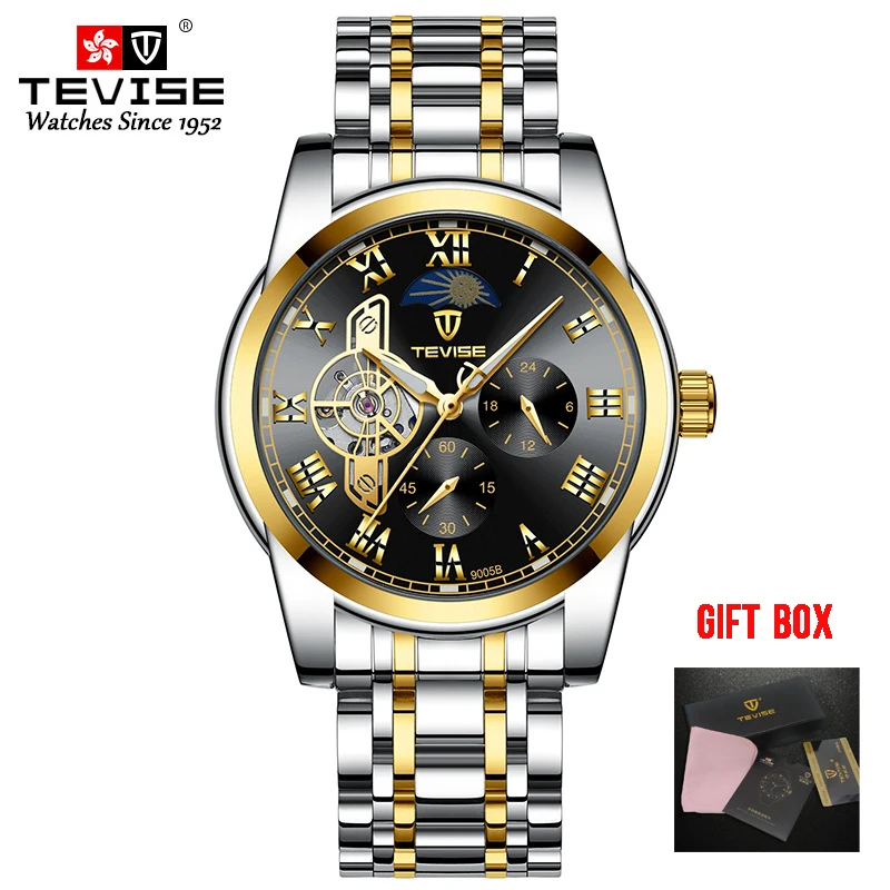 gold black Tevise Топ бренд для мужчин Tourbillon автоматические механические часы Скелет часы для мужчин с автоматическим подзаводом мужские наручные часы Relogio Masculino - Цвет: gold black