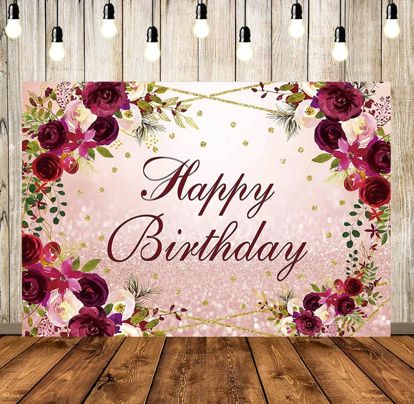 

Burgundy Floral Birthday Party Backdrop Rose Gold Glitter Women Lady Girl 16th 30th 40th 50th Milestone Anniversary Background