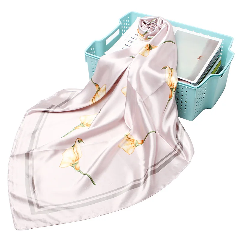 

Scarf Women Fashion Designer Beautiful flowers Foulard Soft Satin Shawl Scarfs Kerchief Square Neck Headscarf 90X90cm WJ112