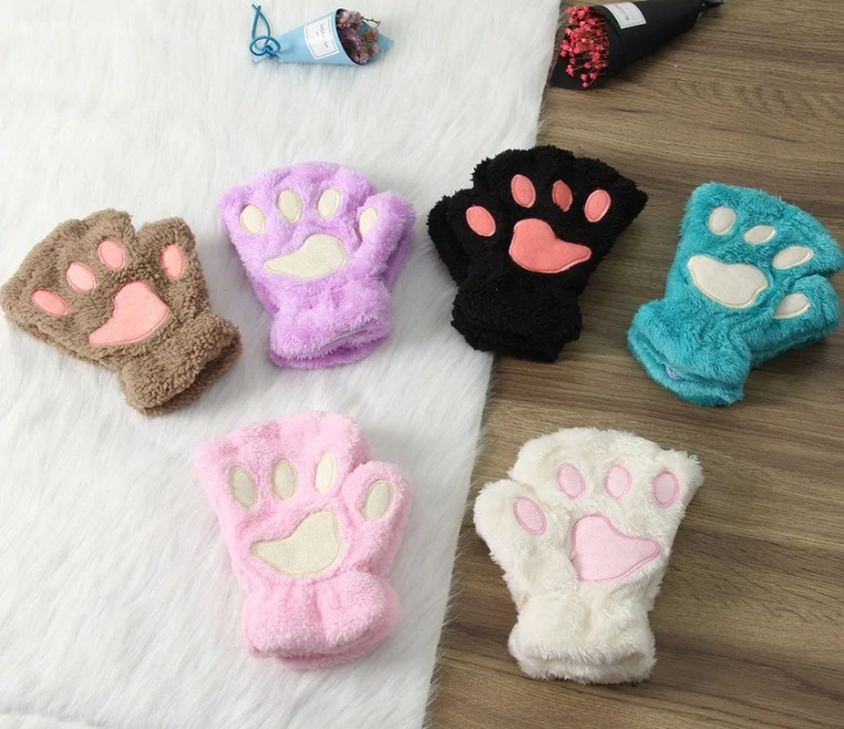 

2021 1Pair Women Girls Lovely Winter Warm Fingerless Gloves Fluffy Bear Cat Plush Paw Claw Half Finger Gloves Mitten New