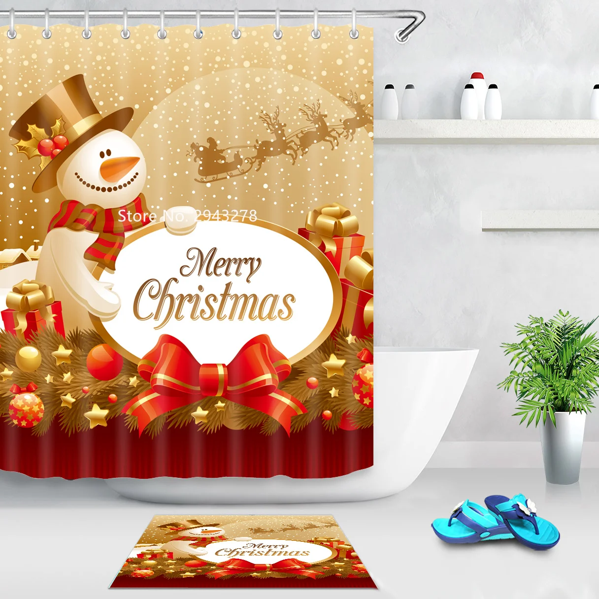 

Christmas Series Pattern Waterproof and Mildewproof Washable Shower Curtain with Hook Bathroom Holiday Decoration Color Print